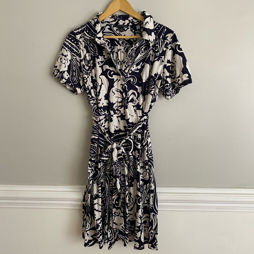 Banana Republic Navy Blue Floral Silk Blend Short Sleeve Dress Size XL